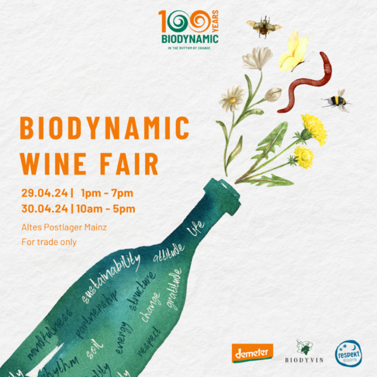 Flasche mit verschiedenen Buzzwords, aus der Insekten und Blumen wachsen und der Überschrift "Biodynamic Wine Fair"