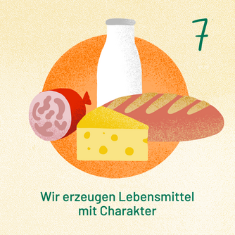 7 Wir erzeugen Lebensmittel mit Charakte. Abgebildet sind verarbeitete Lebensmittel wie Milch, Käse, Wurst und Brot.
