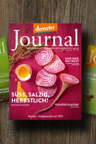 Das Cover des Demeter Journals 43 mit Rote Bete und Ei und die beiden Vorgänger-Hefte