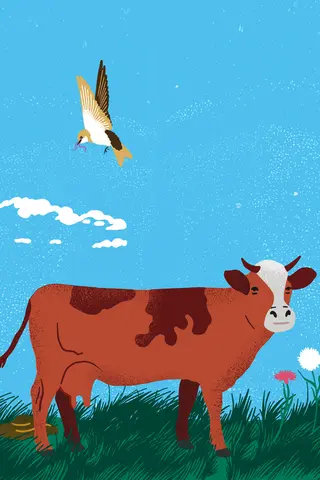 Wiese mit Kuh, Bäumen, Vogel, Biene und 2 Kinder die Lupen in der Hand halten