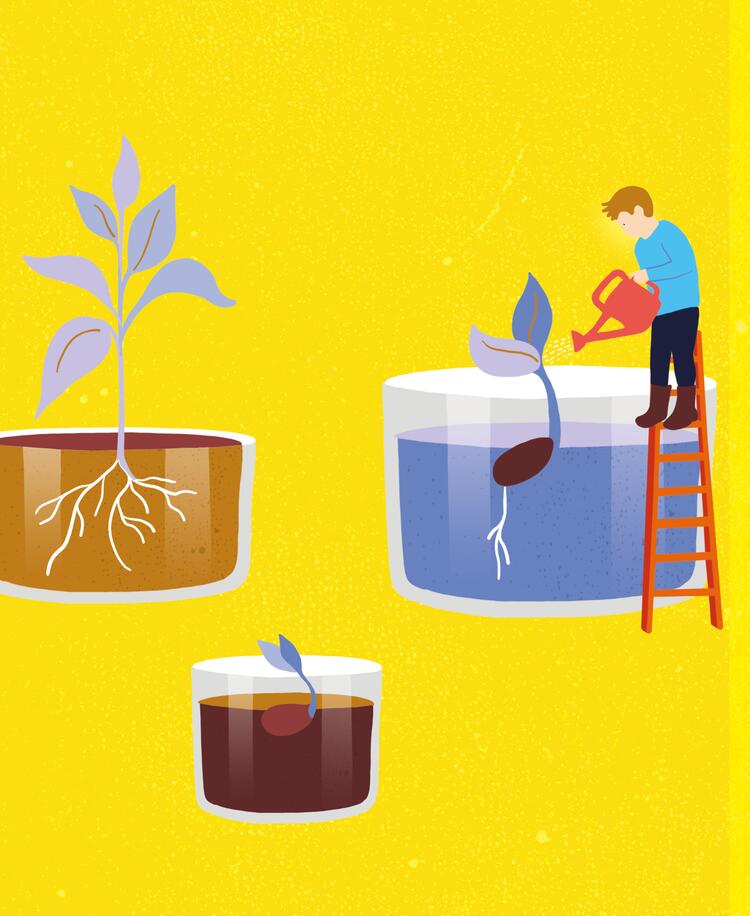 Illustration Mann gießt Pflanzensprössling