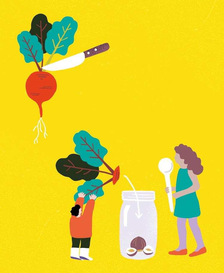 Illustration Mutter mit Kind bereitet Pesto zu