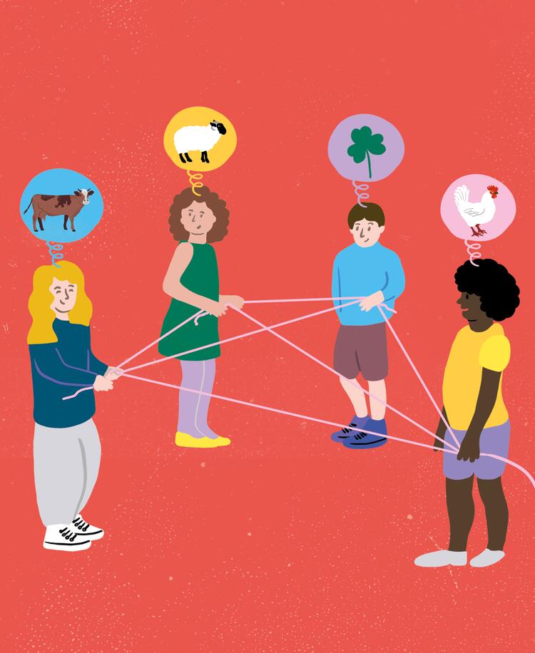 Illustration Kinder spielen ein Spiel und sind mit Schnüren in der Handverbunden