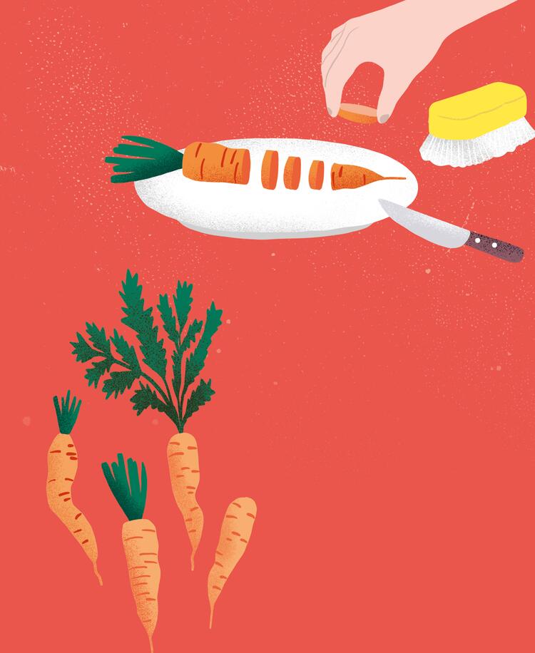 Illustration Möhre wird auf einem Teller aufgeschnitten