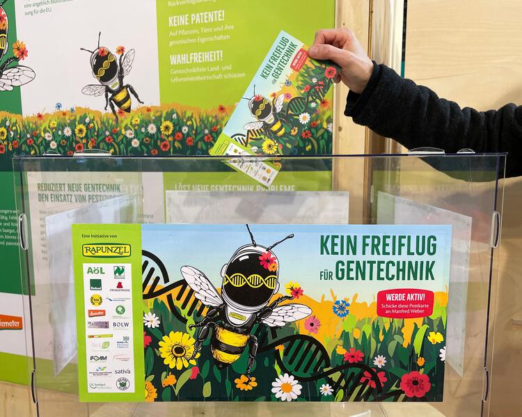 Petition kein Freiflug für Gentechnik wird von einer Hand in die Sammelbox gesteckt