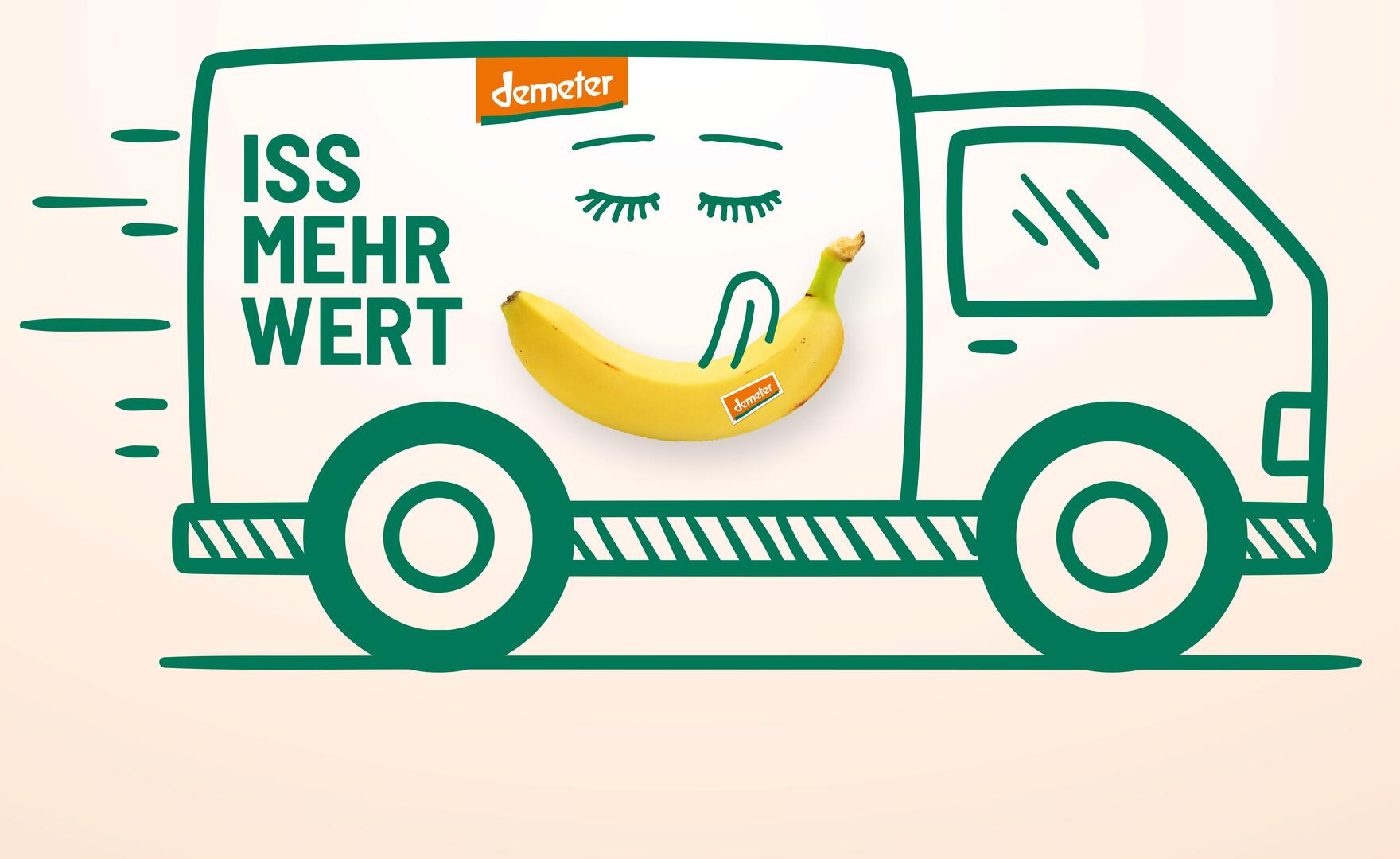 Illustration eines Lastwagens mit der Aufschrift "Iss mehr Wert" und einer lächelnden Banane