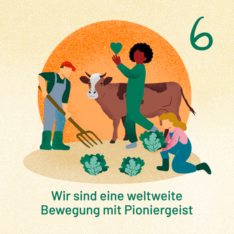 6 Wir sind eine weltweite Bewegung mit Pioniergeist. Abgebildet sind Menschen auf einem Feld und eine Kuh